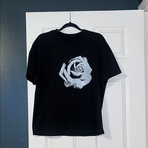 Black Graphic T-Shirt with White Rose Design